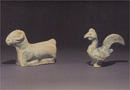 Green-Glazed Pottery Figures of a Ram and a Chicken 