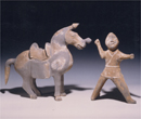Painted Grey Pottery Figures of a Horseman and a Horse