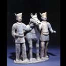 A Grey Pottery Horse with Two Horsemen