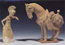 Yellowish Glazed White Pottery Figure of a Horse and a Female Dancer