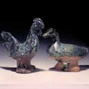 A Pair of Green-Glazed Pottery Figures of a Duck and a Chicken